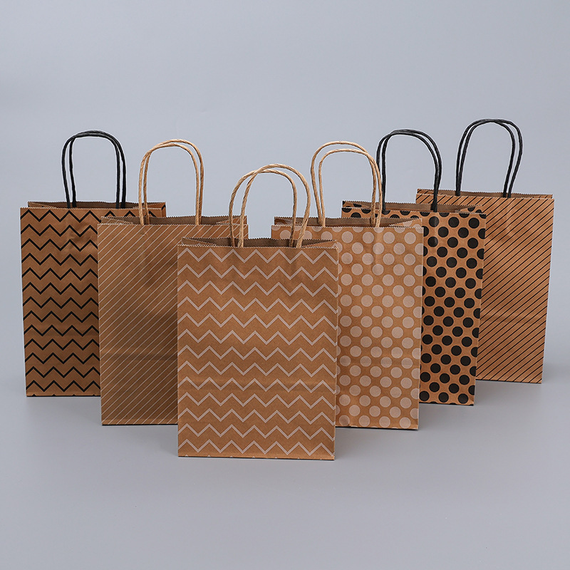 Customizable kraft paper bags featuring stripes, polka dots, or wavy patterns—suitable for shopping or gifts.