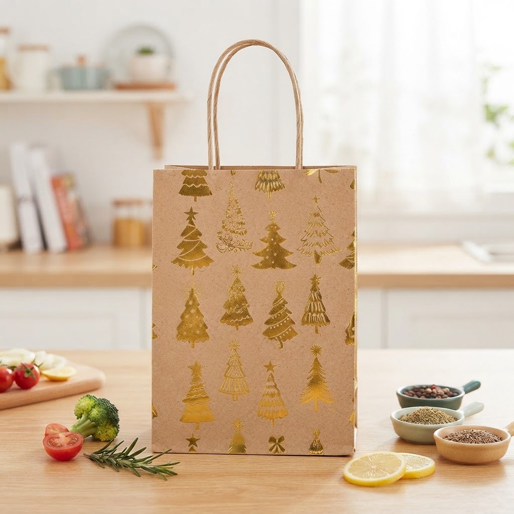 Vintage Red and Kraft Paper Christmas Gift Bags – Reindeer & Snowflake Design Handheld Bags for Party Favors and Candy