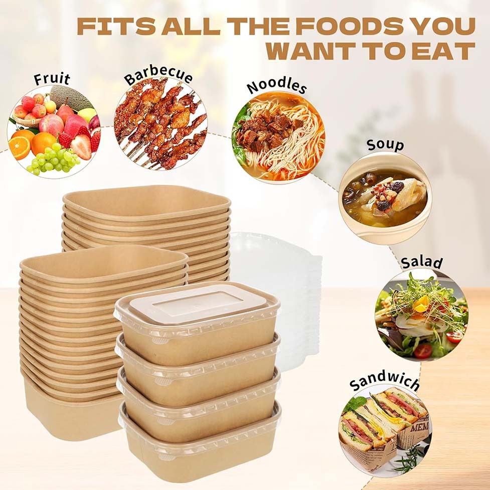 Biodegradable rectangular kraft paper takeout box/bowl, with optional PP or PET paper lids.