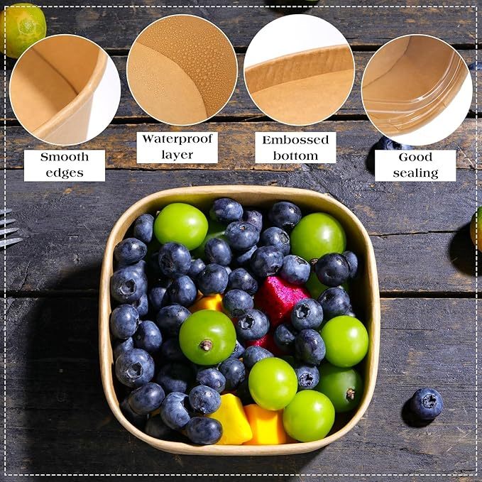 Eco-friendly, disposable square kraft paper bowl; cold-resistant; suitable for salads, picnics, catering, and fast food.