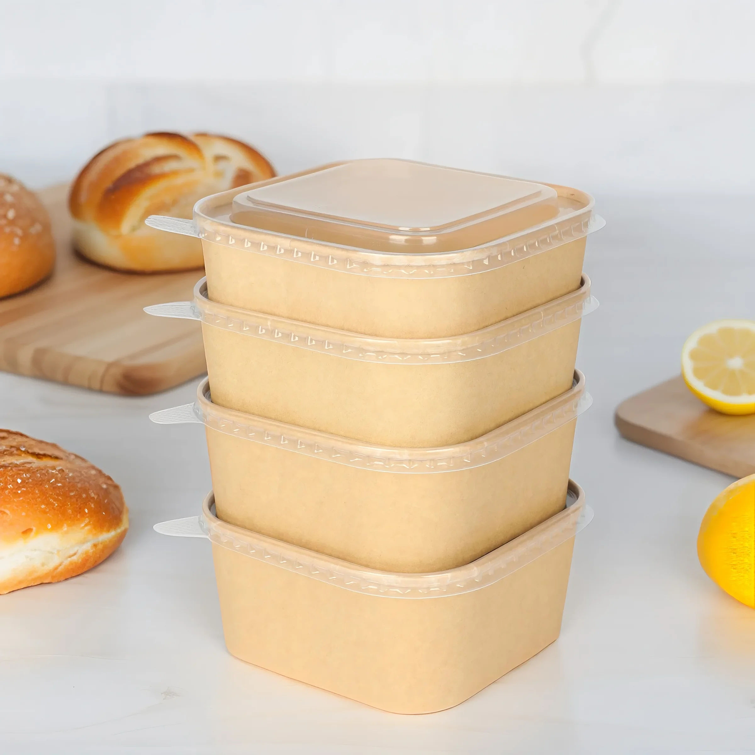 Eco-friendly, disposable square kraft paper bowl; cold-resistant; suitable for salads, picnics, catering, and fast food.