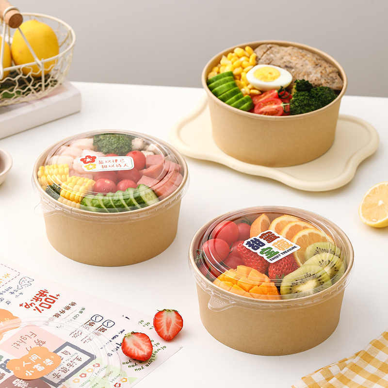 Custom-printed disposable paper salad bowls, multiple sizes, for noodle and burger food containers.