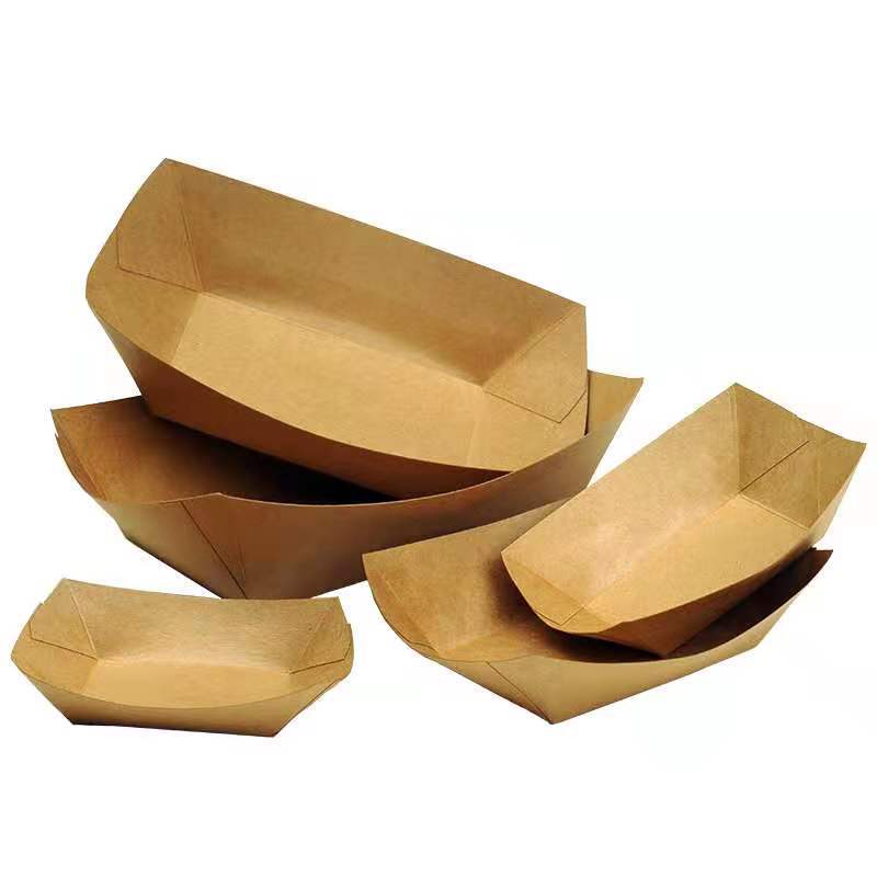 Disposable foldable kraft paper boat-style open-top tray for snacks, BBQ, french fries, fried chicken, and sausages (takeout container)