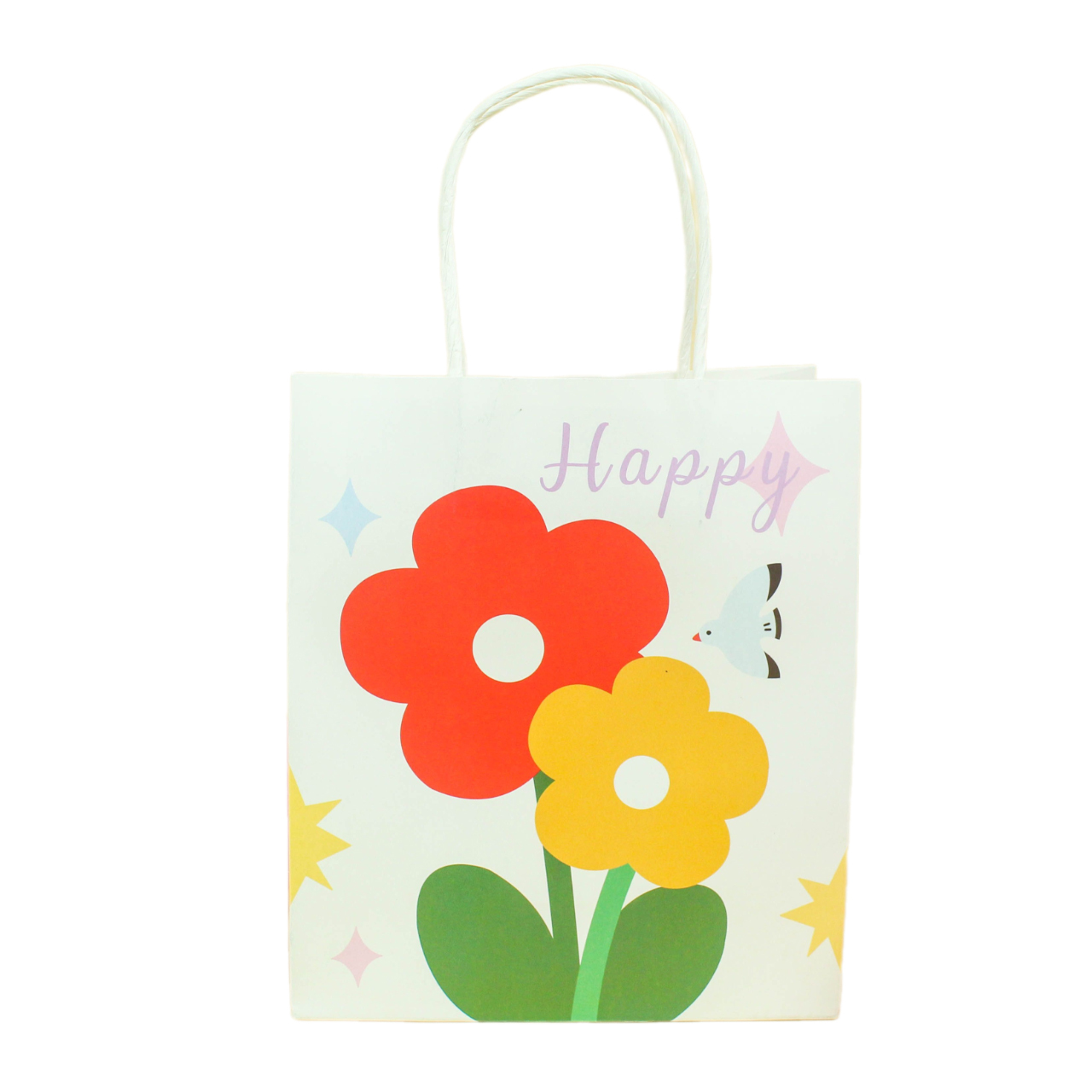 Customizable floral-print, biodegradable, eco-friendly kraft paper bags featuring colorful logos and sturdy handles; suitable for craft retail, parties, and weddings.
