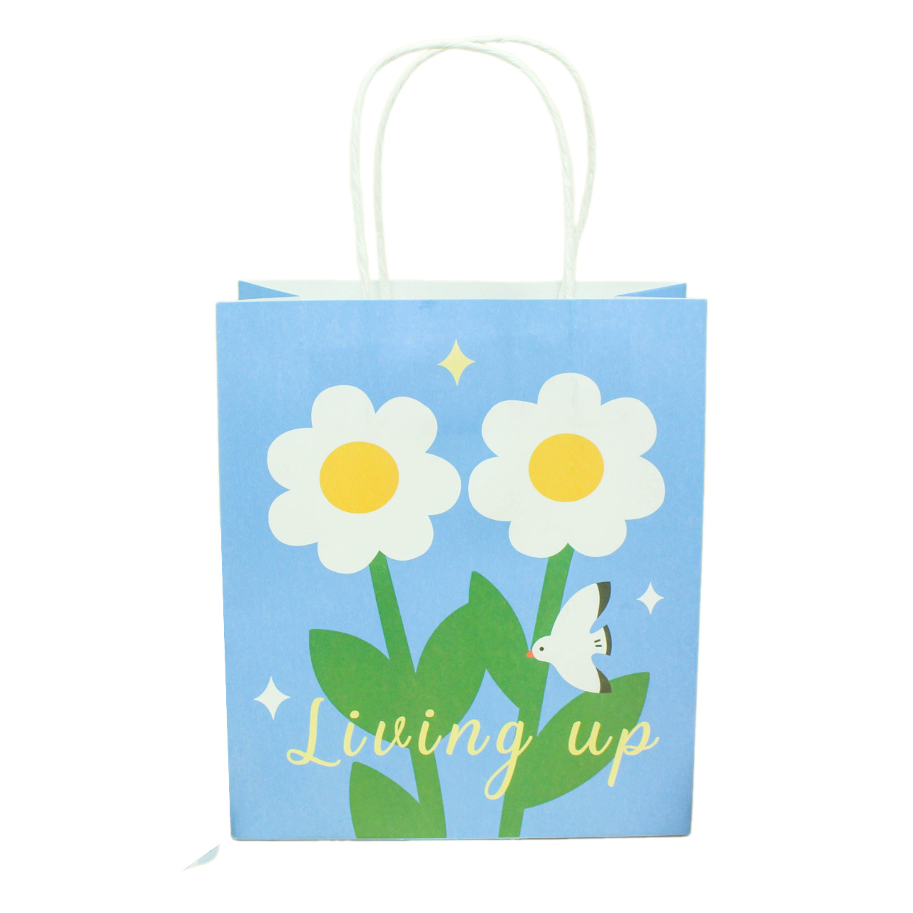 Customizable floral-print, biodegradable, eco-friendly kraft paper bags featuring colorful logos and sturdy handles; suitable for craft retail, parties, and weddings.