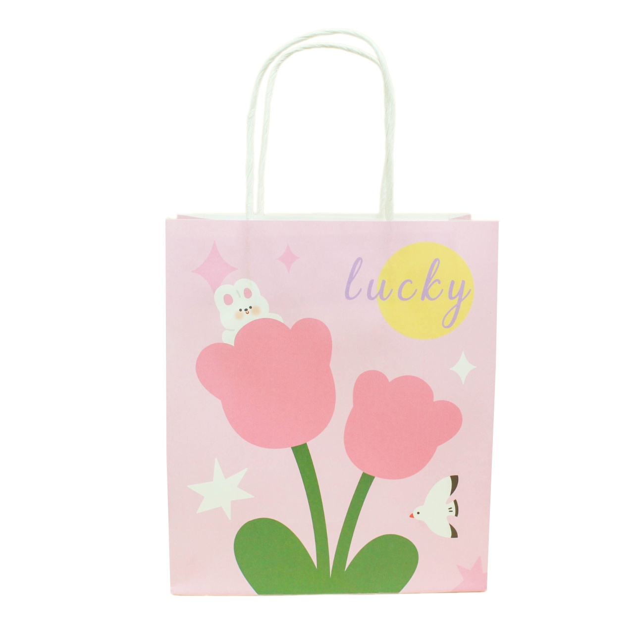 Customizable floral-print, biodegradable, eco-friendly kraft paper bags featuring colorful logos and sturdy handles; suitable for craft retail, parties, and weddings.