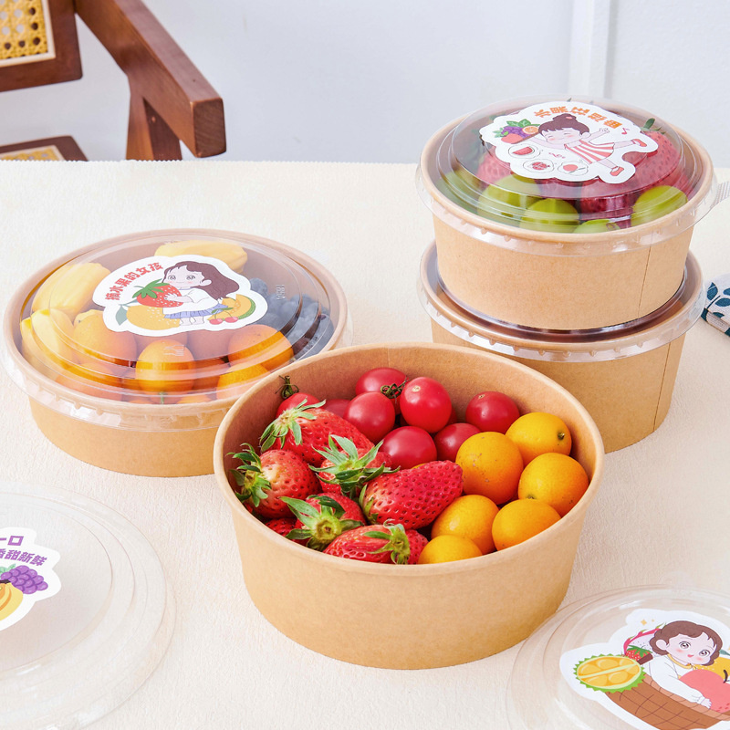 Factory supplies disposable kraft paper bowls for food packaging, including high-quality paper containers for sushi, sandwiches, and salads.