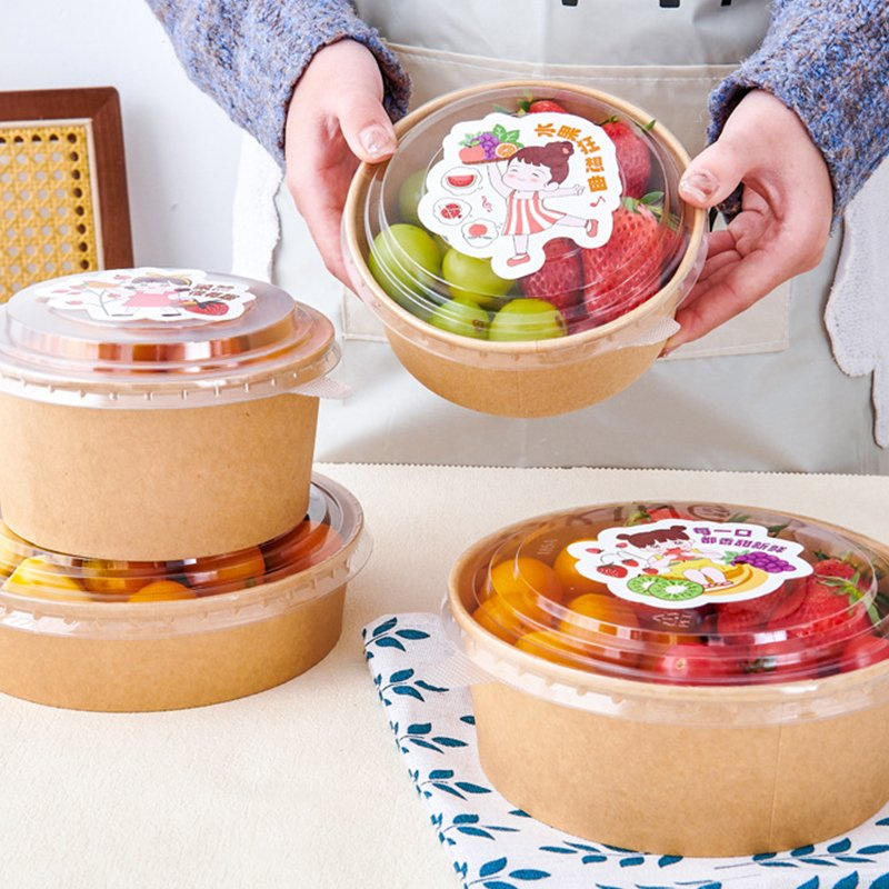 Factory supplies disposable kraft paper bowls for food packaging, including high-quality paper containers for sushi, sandwiches, and salads.