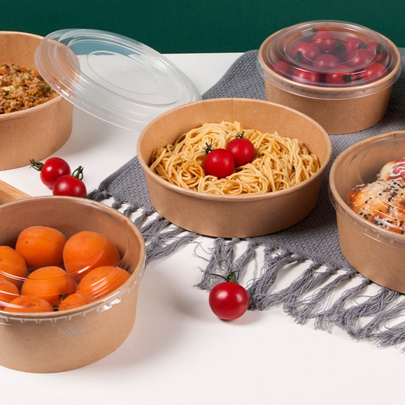 Factory supplies disposable kraft paper bowls for food packaging, including high-quality paper containers for sushi, sandwiches, and salads.