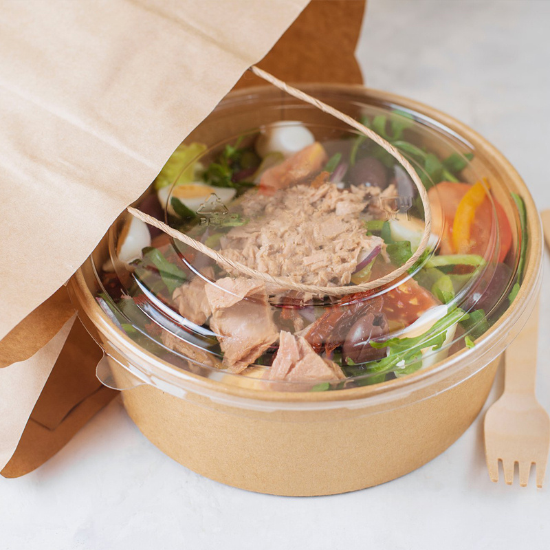 Factory supplies disposable kraft paper bowls for food packaging, including high-quality paper containers for sushi, sandwiches, and salads.