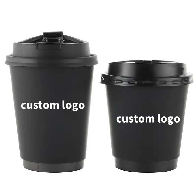 Double-wall, food-grade, thick disposable paper cups—custom printed with logos—suitable for hot drinks.