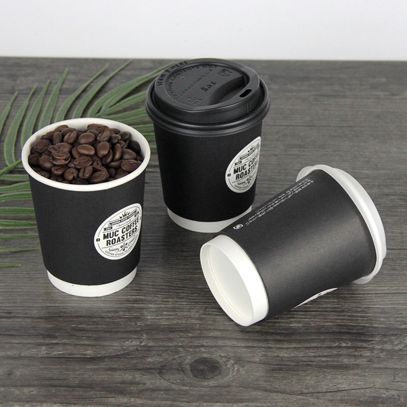 Double-wall, food-grade, thick disposable paper cups—custom printed with logos—suitable for hot drinks.
