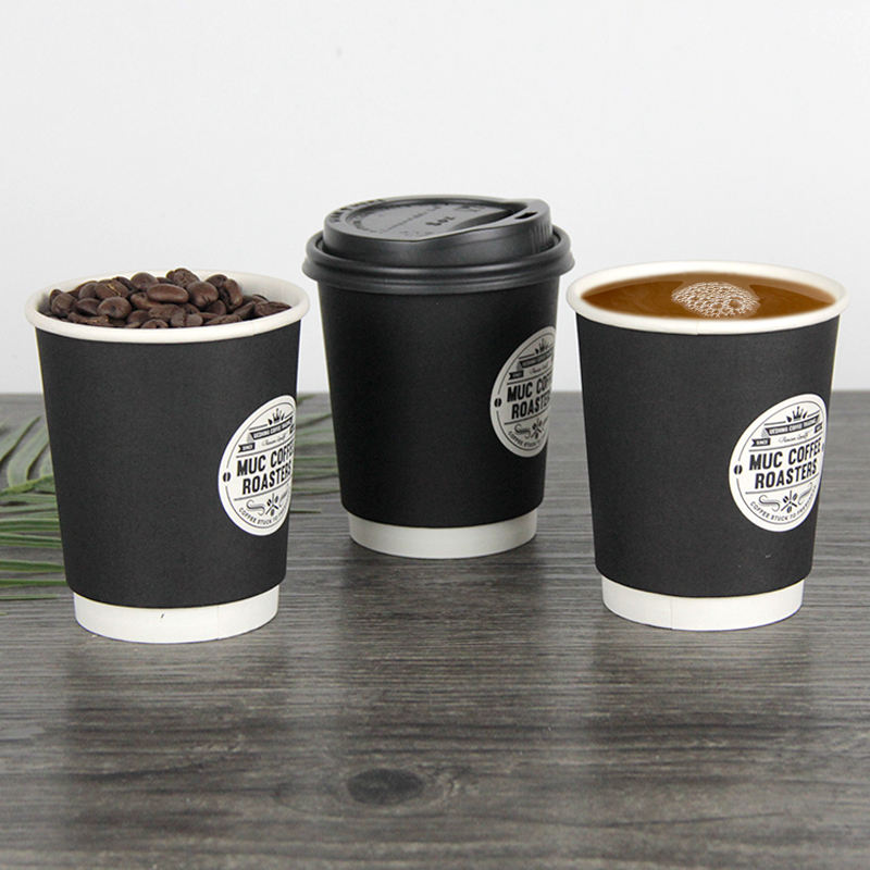 Double-wall, food-grade, thick disposable paper cups—custom printed with logos—suitable for hot drinks.