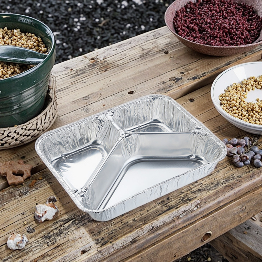 Disposable multi-compartment aluminum foil takeout container with thermal insulation tray