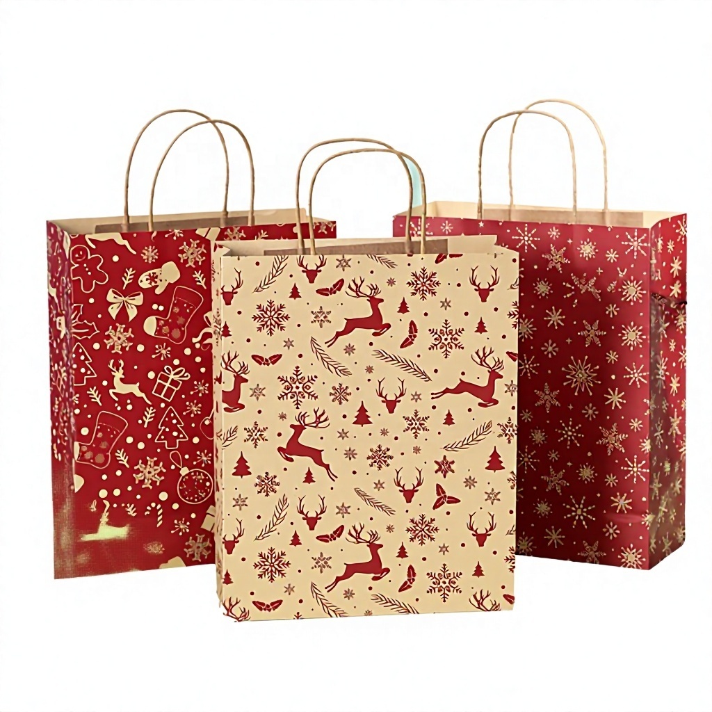 Vintage Red and Kraft Paper Christmas Gift Bags – Reindeer & Snowflake Design Handheld Bags for Party Favors and Candy
