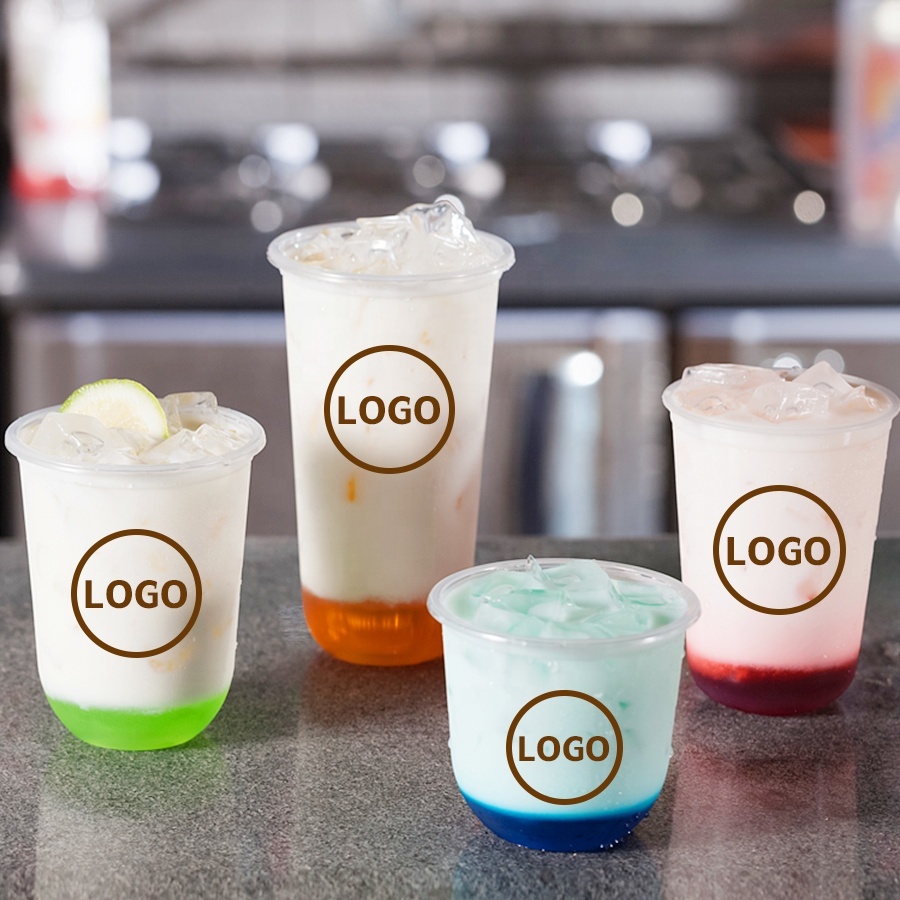Custom Logo Printed Disposable Transparent PP Boba/Bubble Tea Plastic Cup with Lid