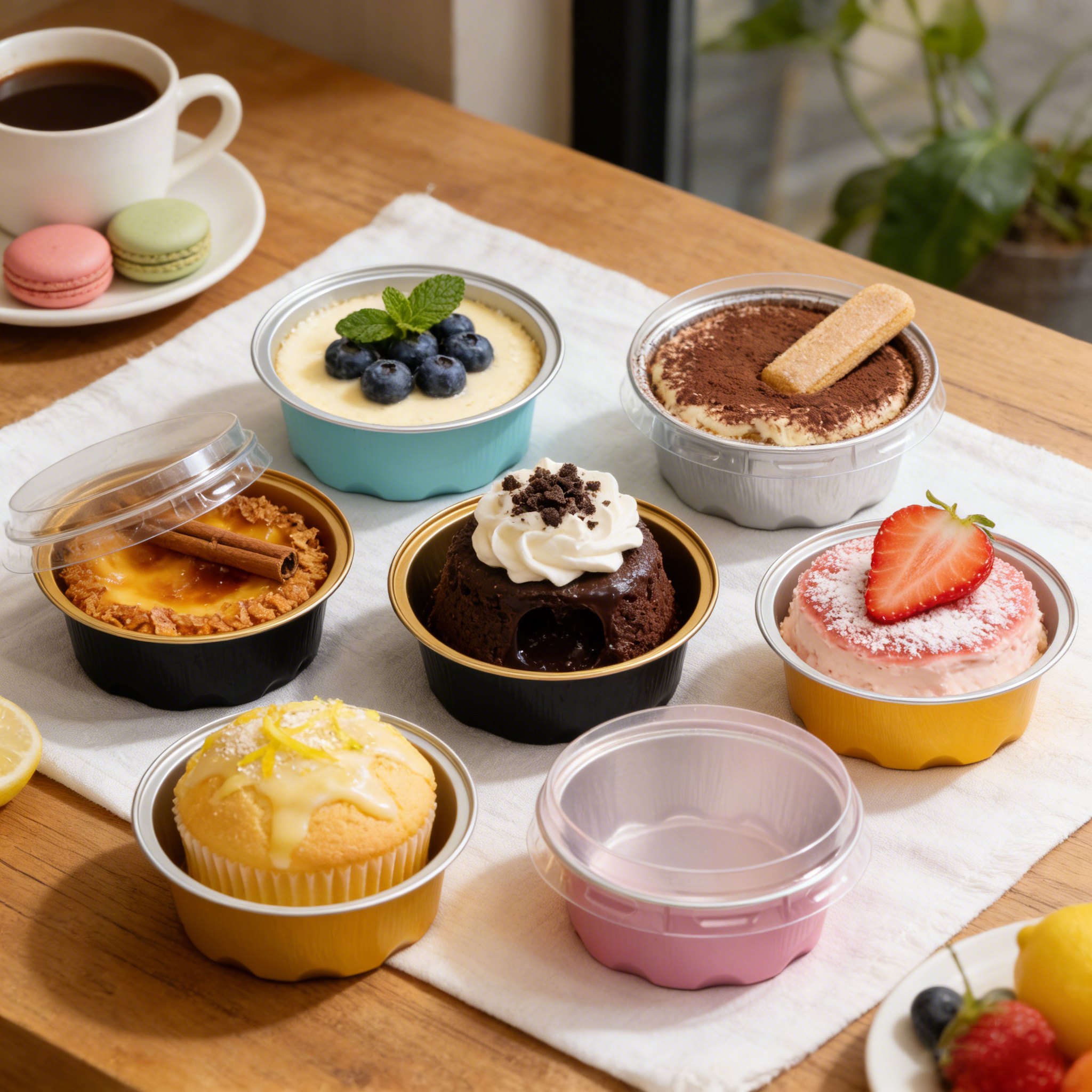 Premium 50ml round aluminum foil container with lid, suitable for high-end desserts and gift box packaging.