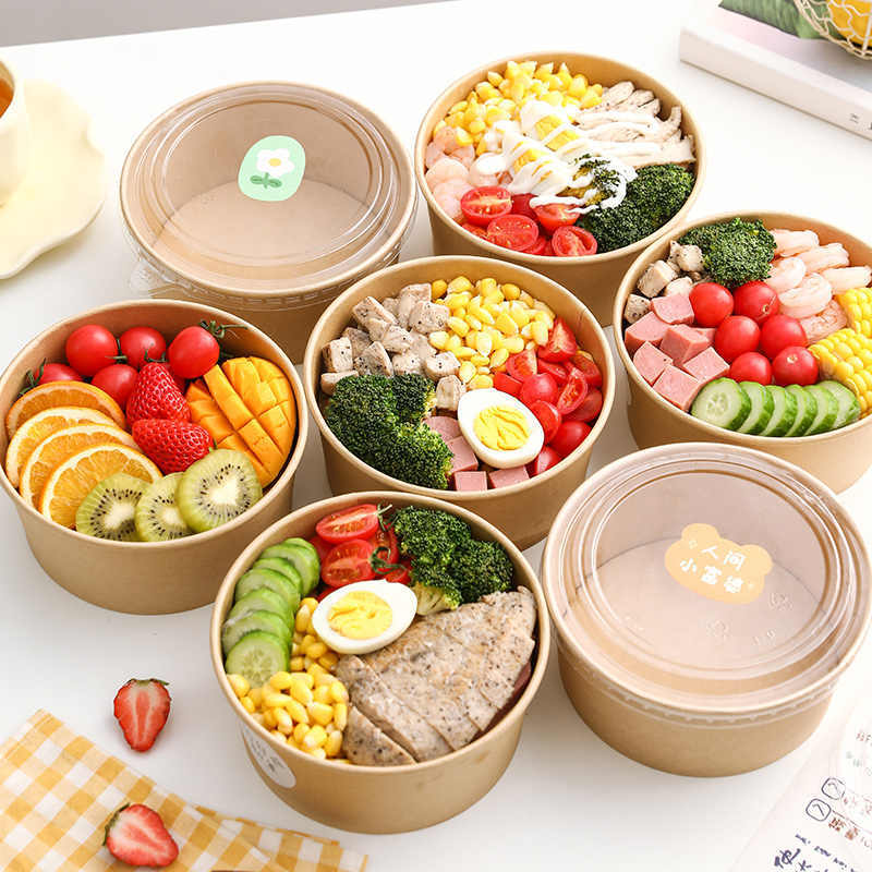 Custom-printed disposable paper salad bowls, multiple sizes, for noodle and burger food containers.