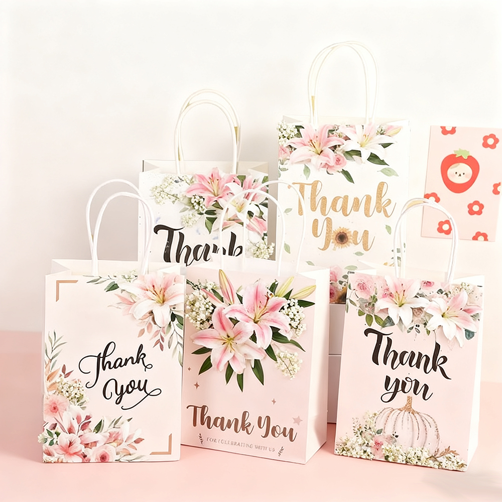 Custom-printed kraft paper bags with floral patterns and personalized branding—featuring your own logo.