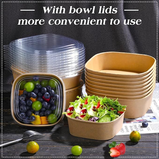 Eco-friendly, disposable square kraft paper bowl; cold-resistant; suitable for salads, picnics, catering, and fast food.