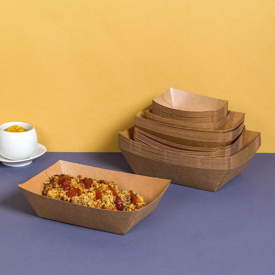 Wholesale Kraft Paper Food Packaging Boxes and Boat-Shaped Restaurant Trays