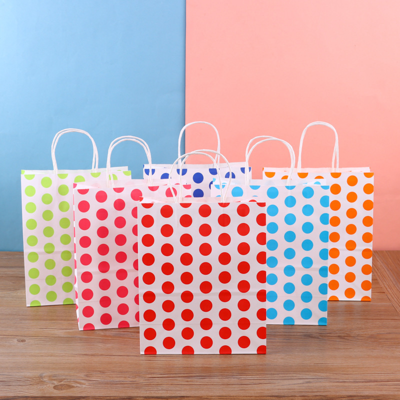 Customizable kraft paper bags featuring stripes, polka dots, or wavy patterns—suitable for shopping or gifts.