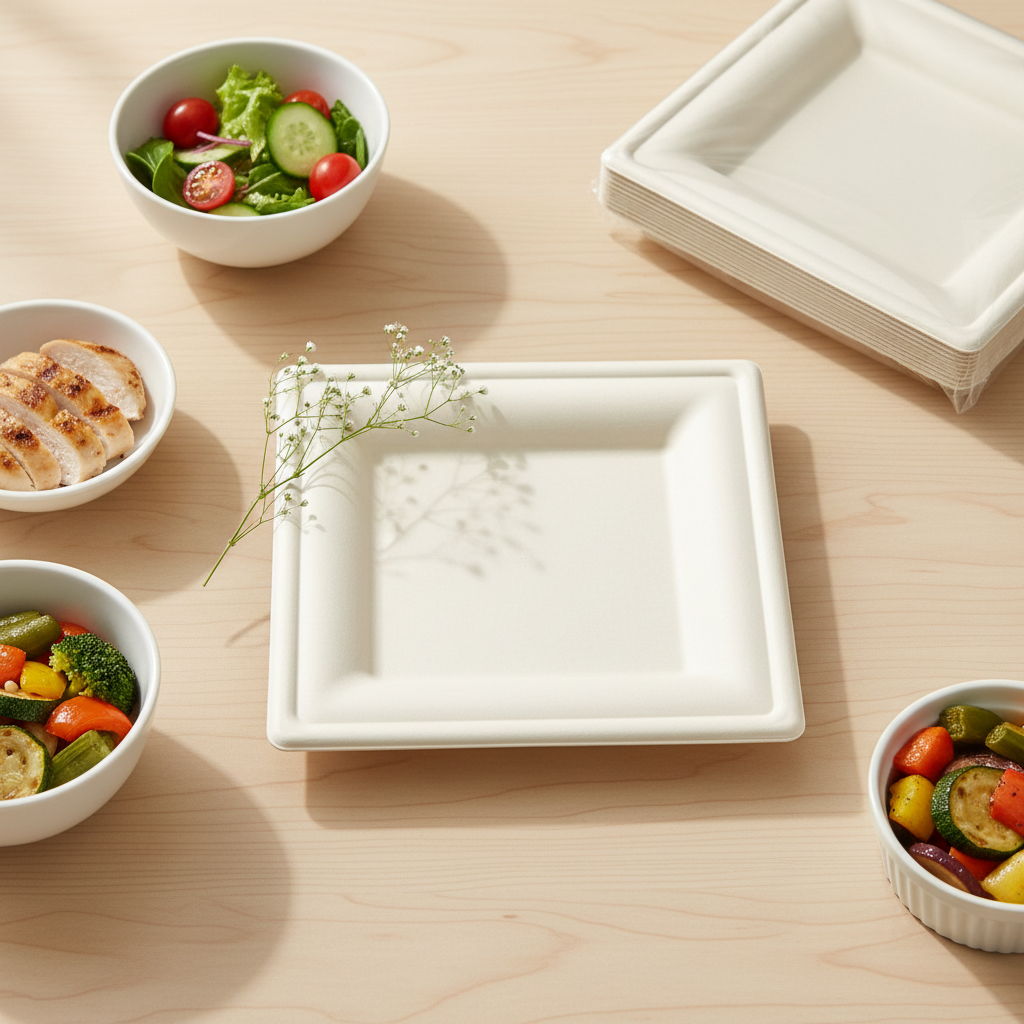 Eco-friendly, compostable, and biodegradable square disposable sugarcane plates—suitable for parties, dinners, and birthdays.