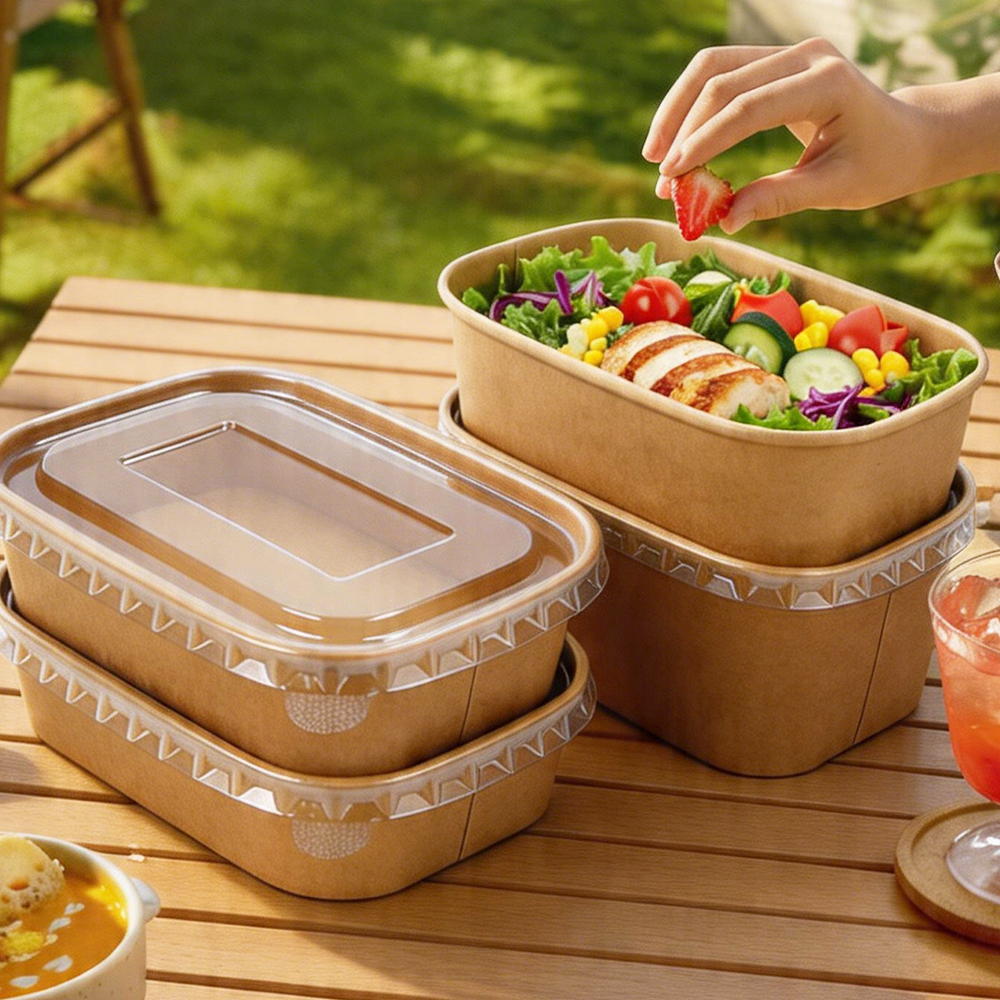 Biodegradable rectangular kraft paper takeout box/bowl, with optional PP or PET paper lids.