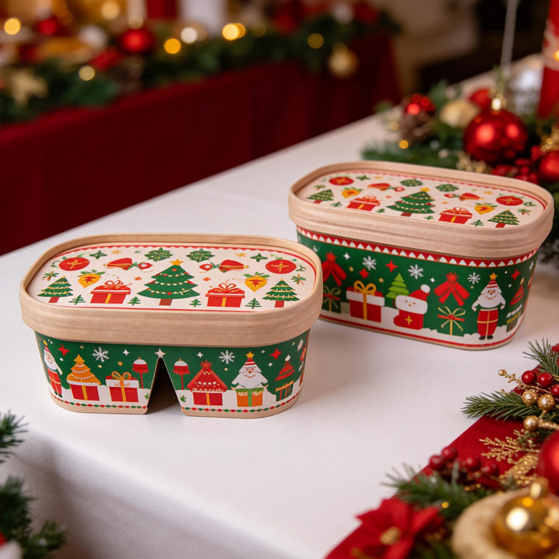 Eco-friendly, disposable rectangular paper salad bowl, suitable for snack bar takeout packaging.