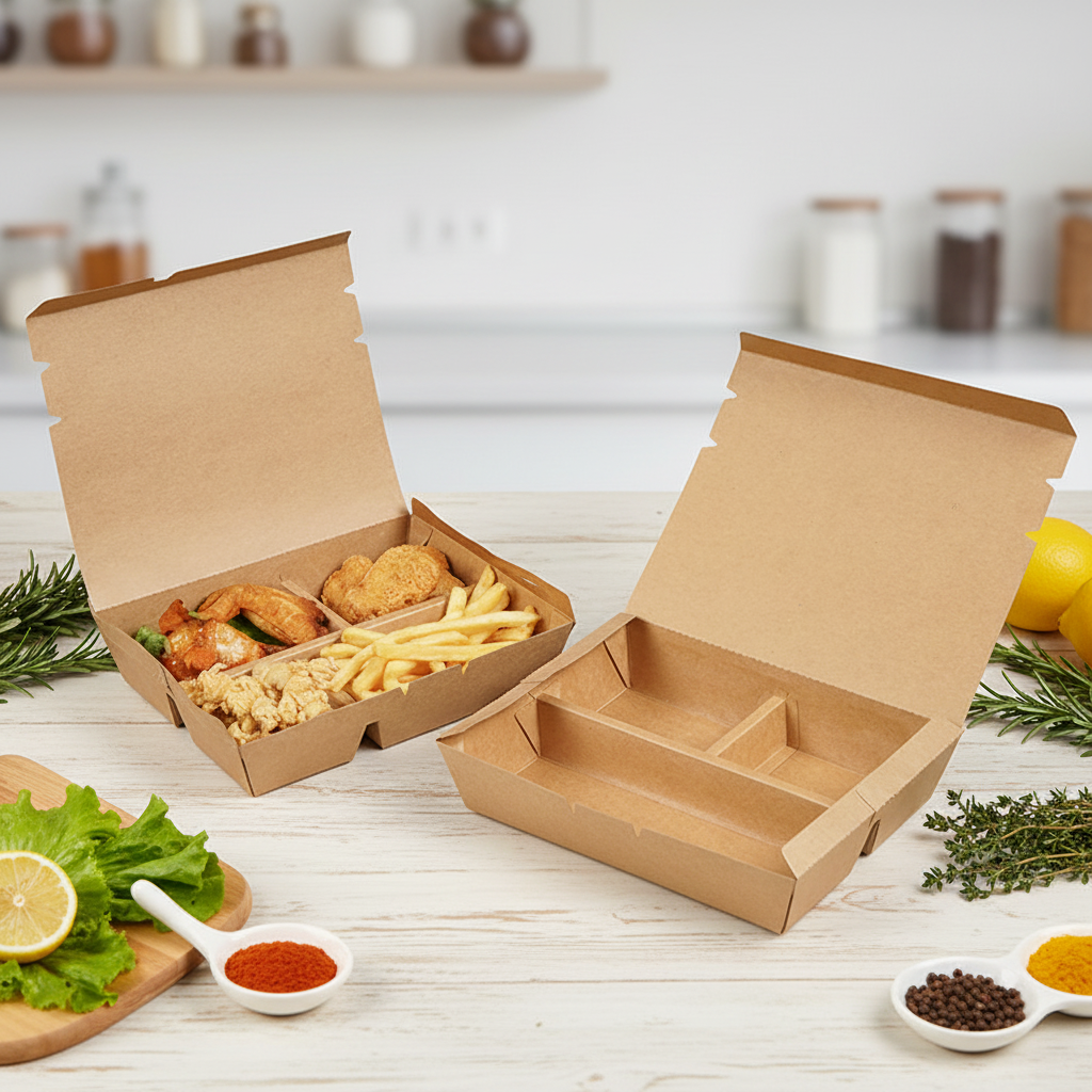 Disposable rectangular compartmentalized kraft paper salad box – grease-resistant takeout container for fitness meals