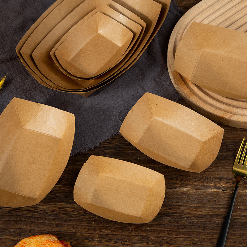 Disposable foldable kraft paper boat-style open-top tray for snacks, BBQ, french fries, fried chicken, and sausages (takeout container)