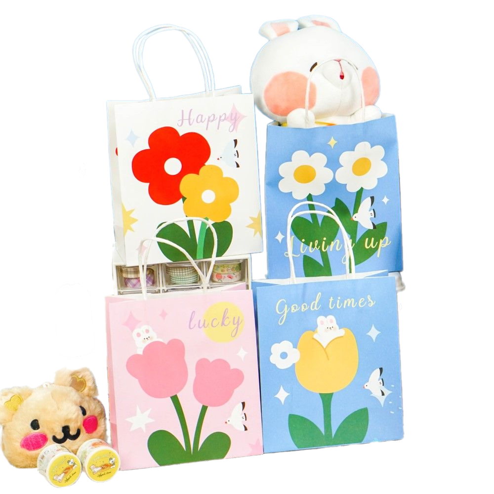 Customizable floral-print, biodegradable, eco-friendly kraft paper bags featuring colorful logos and sturdy handles; suitable for craft retail, parties, and weddings.