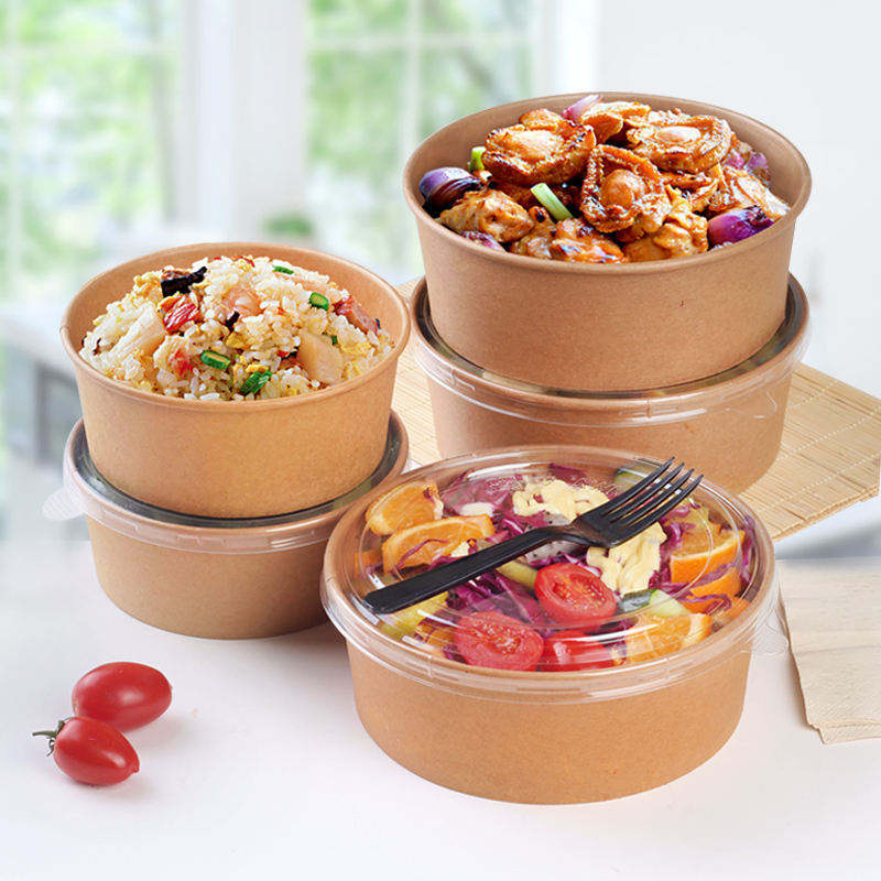 Customized white disposable food-grade kraft paper bowls, takeaway noodles, PP lids, and other food-grade kraft paper plates and bowls.