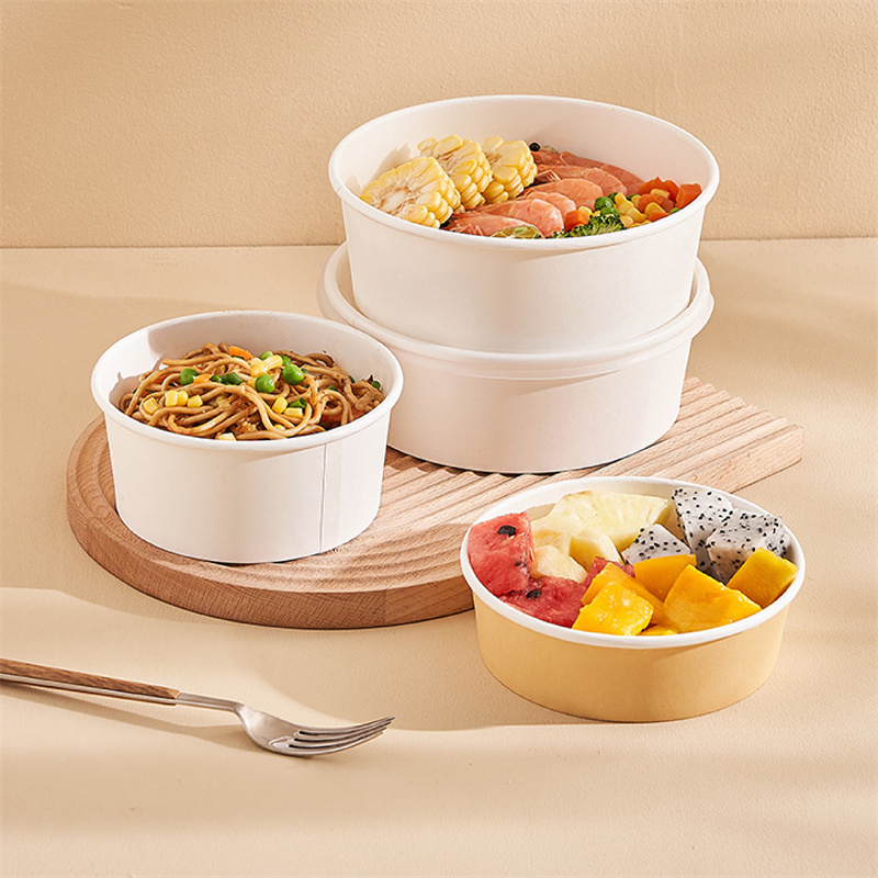 Factory supplies disposable kraft paper bowls for food packaging, including high-quality paper containers for sushi, sandwiches, and salads.