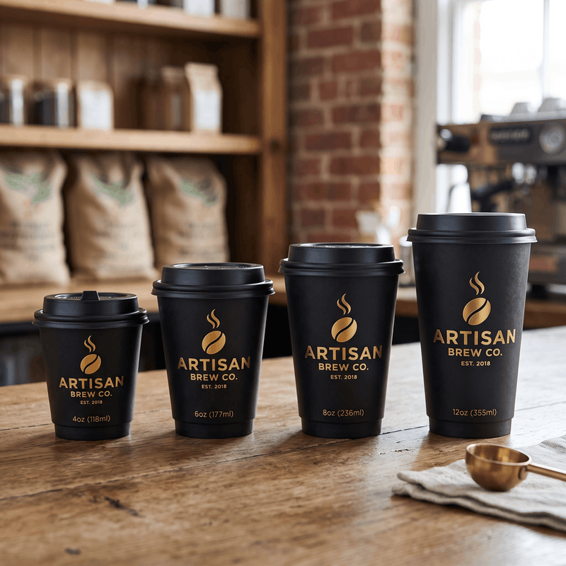 Double-wall, food-grade, thick disposable paper cups—custom printed with logos—suitable for hot drinks.